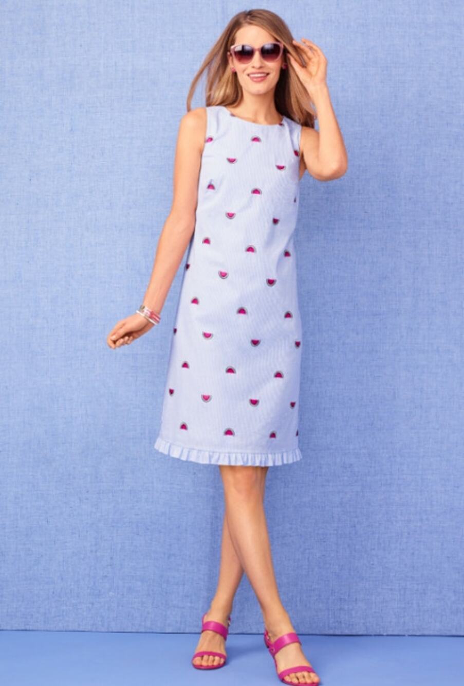 Talbots Watermelon-Embroidered Seersucker Shift Dress Sz 4